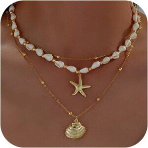 Women's Seashell Starfish Summer Pearl Beach 14k Gold Layered Dainty Choker